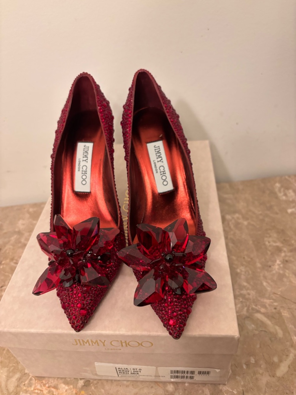 Jimmy Choo Alia 37 Red Crystal-Embellished Pointed Stiletto Pumps - Picture 2 of 9